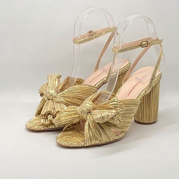 Loeffler Randall Camellia Gold Pleated Bow Heel Sandals size 6.5 - Picture 5 of 13